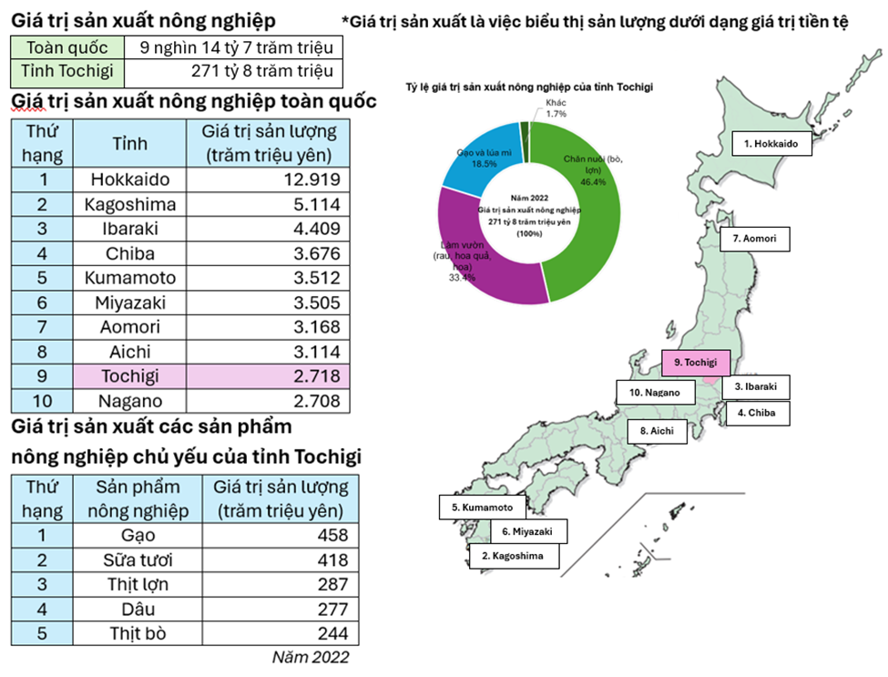 Giá trị sản xuất nông nghiệp đứng thứ 9 toàn quốc. Dâu tây duy trì vị trí số một về sản lượng tại Nhật Bản trong hơn nửa thế kỷ